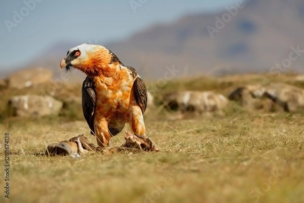 Obraz BEARDED VULTURE (Gypaetus barbatus) .  highly endangered . at a safe feeding site in the drakensberg, 