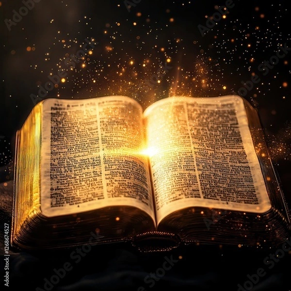 Fototapeta Bible open at Psalm 23, celestial glow highlighting the text, gentle cosmic light creating a peaceful and divine atmosphere
