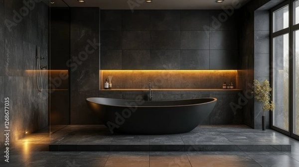 Obraz Dark gray modern bathroom with a spacious bathtub, elegant lighting, and a relaxing, minimalist design.