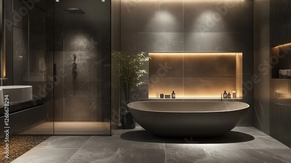 Obraz Sleek modern bathroom in elegant gray tones, featuring a luxurious freestanding bathtub and soft ambient lighting.