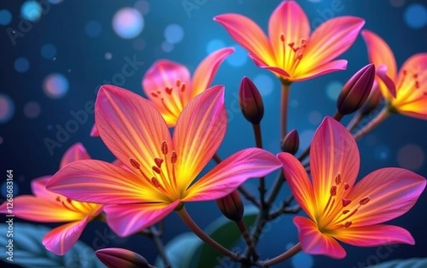 Fototapeta A stunning close-up of vibrant, glowing flowers in full bloom, illuminated with soft golden light.