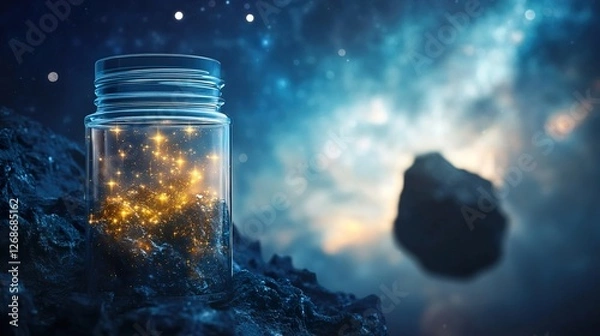 Fototapeta Glowing cosmic dust in a jar with asteroid backdrop, showcasing space exploration discoveries.