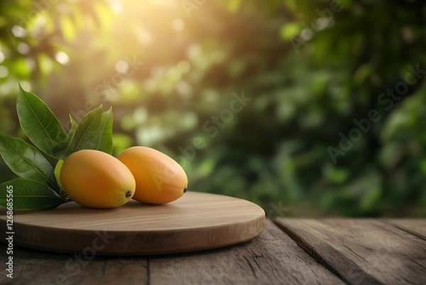 Fototapeta Empty wooden round podium with mango fruit and mango field summer background