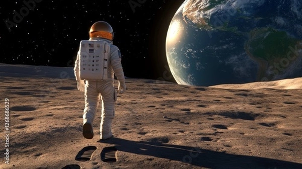 Fototapeta Astronaut Walking on the Moon with Earth in Background
