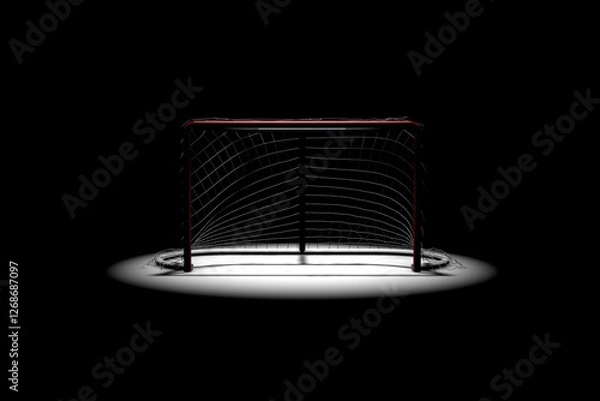 Fototapeta 3D model of a red and white hockey goal, standing on a white surface and illuminated by a spotlight.