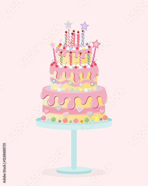 Fototapeta Cake design with party decorations. Cute pink cake. Vector templates great for invitations, poster,  banner, flyer. Vector illustration.