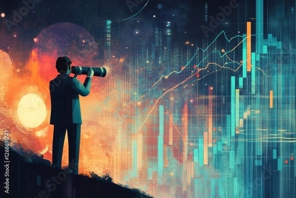 Fototapeta Businessperson observing future opportunities through a telescope, symbolizing vision and strategic foresight in a competitive landscape