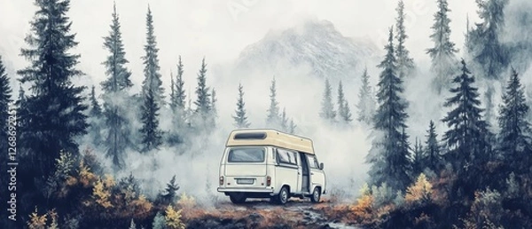 Fototapeta Camper van nestled in a secluded forest clearing, surrounded by towering trees and dappled sunlight, inviting tranquility and adventure.