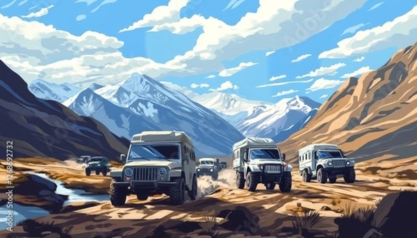 Fototapeta Caravan of off-road vehicles traversing rugged terrain, showcasing adventure and exploration in a remote landscape.