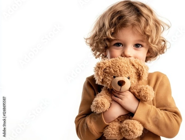 Obraz Child embracing a teddy bear, showcasing warmth and innocence, evoking feelings of comfort and childhood joy.