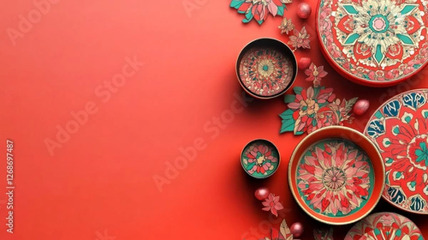 Obraz red floral bowls and teal mandala patterns on a festive chinese new year table setting with asian inspired decorative elements on red background for oriental home decor accents