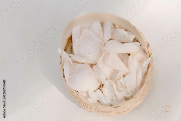 Fototapeta White and light pink rose petals are placed in a woven basket on a white background