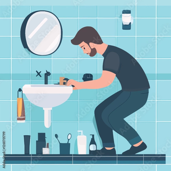 Fototapeta A flat 2D vector of a man fixing a leaky faucet in a bathroom
