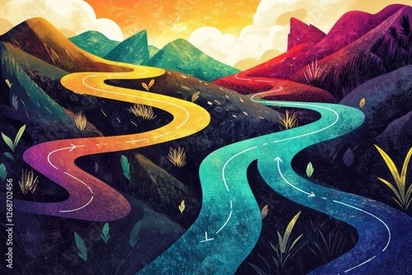 Obraz Pathway Divergence, a conceptual illustration depicting a forked path leading to contrasting landscapes, inviting exploration and choice.