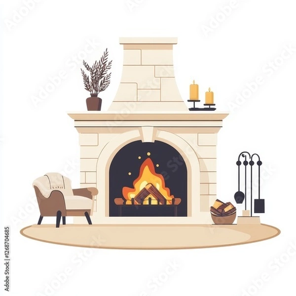 Obraz Cozy fireplace interior design, inviting warmth, stylish decor, flat vector art, enhancing home ambiance, perfect for relaxation and gatherings