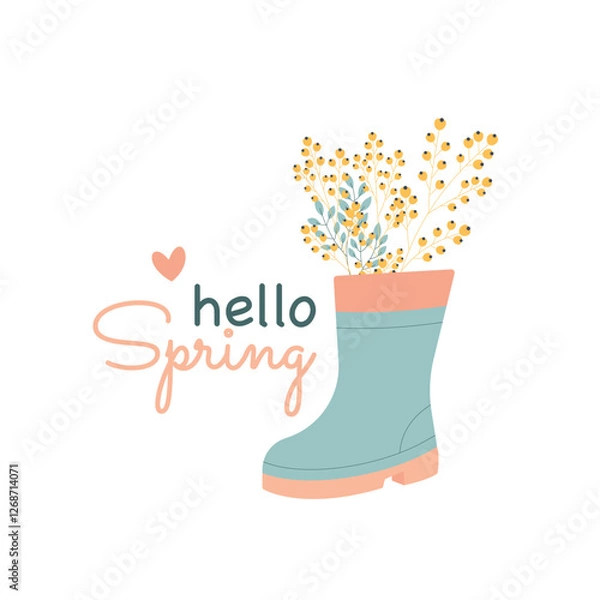 Fototapeta Minimalistic spring illustration with a rubber boot filled with blooming flowers and "Hello Spring" lettering. Perfect for greeting cards, posters, social media, and seasonal designs.