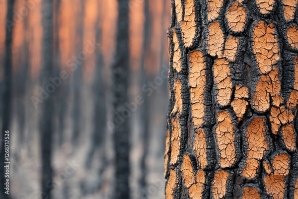 Fototapeta Scorched tree rises from devastation, testament to nature resilience
