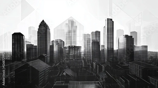 Fototapeta Monochrome Urban Landscape With A Contemporary, Architectural Design In An Abstract Style.