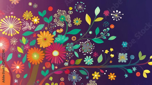 Fototapeta vibrant abstract floral painting featuring stylized multicolored flowers with a whimsical modern artistic design on purple background