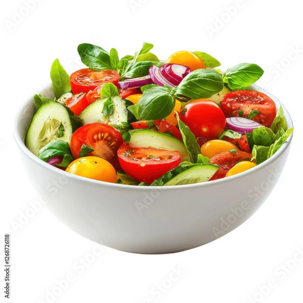 Fototapeta A vibrant salad featuring fresh tomatoes, cucumbers, red onions, and basil leaves in a large white bowl.