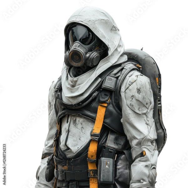 Fototapeta A futuristic figure clad in a weathered, protective suit with a gas mask and backpack, exuding an air of resilience and survival.
