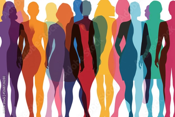 Fototapeta Colorful abstract illustration with overlapping silhouettes of women, each uniquely shaped and shaded in vibrant hues