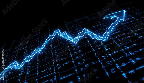 Fototapeta Abstract glowing blue upward trending line graph on dark digital background showing financial growth and success