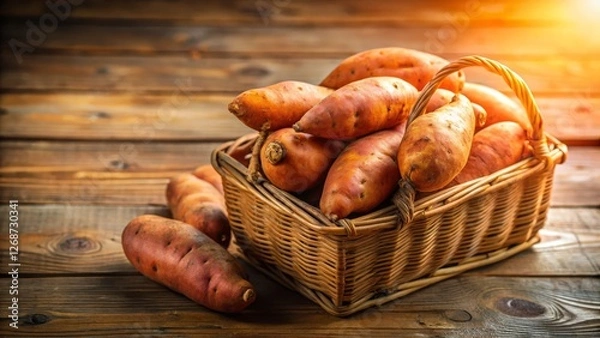 Obraz Fresh Sweet Potatoes in a Rustic Woven Basket on Wooden Table