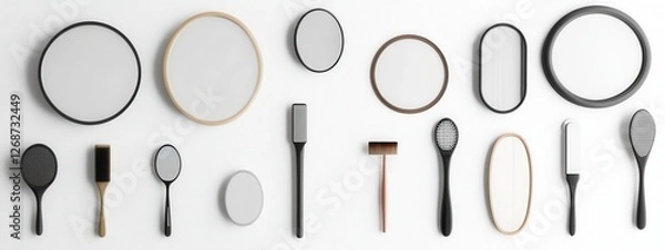 Fototapeta Various Types of Mirrors and Brushes Arranged Artistically on a Light Background
