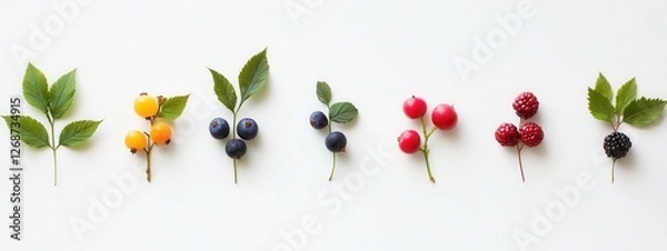 Obraz Colorful Assortment of Fresh Fruits and Leaves Laid Out on a White Background for Display