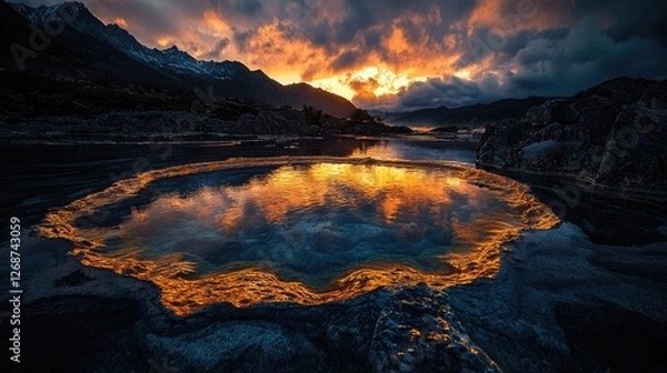 Fototapeta Fiery sunset reflecting in tranquil mountain lake