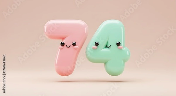 Fototapeta Adorable Pastel Numbers: Seventy-Four with Kawaii Faces