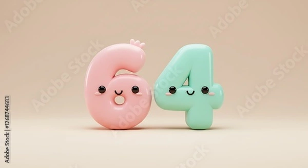 Fototapeta Charming Pastel Numbers: Six and Four with Kawaii Smiles
