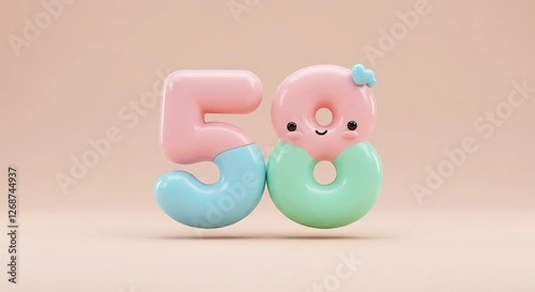 Fototapeta Cute Pastel Number 58: Playful 3D Render with Happy Donut Design