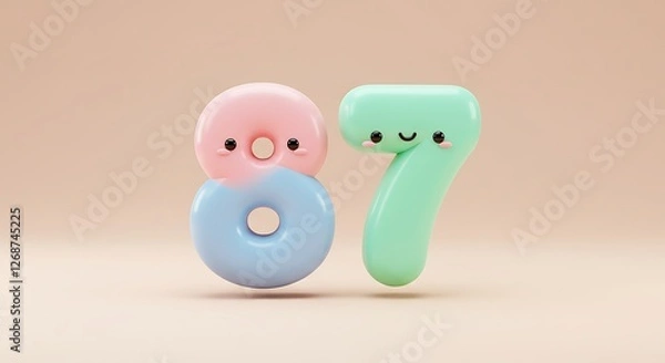 Fototapeta Pastel-Colored Kawaii Numbers 87: A Delightful 3D Render