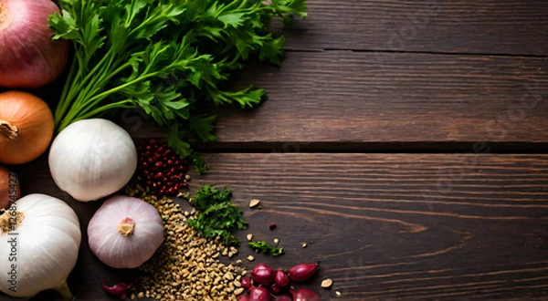 Obraz Cooking background, home cooking concept on wooden background, top view, copy space.