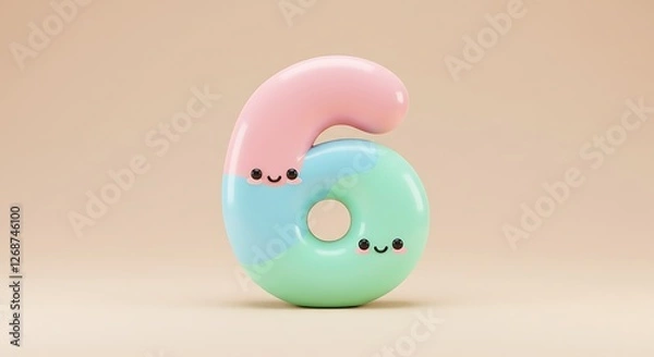 Fototapeta Playful Pastel Number Six: Charming 3D Render with Cute Faces