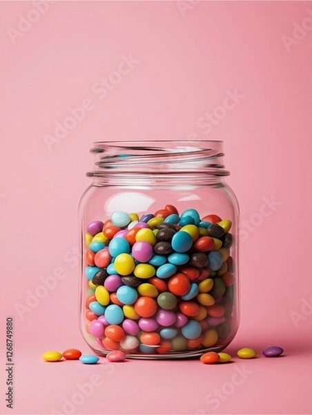Fototapeta Candy Jar Delight: A mason jar overflowing with a delightful assortment of colorful candies against a vibrant pink background. Perfect for designs evoking fun, happiness, and sweetness.  
