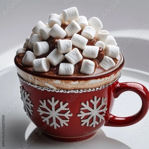 Obraz A Festive Mug of Hot Chocolate Overflowing with Marshmallows: Snowflake Decorations Adorn a Red Cup Brimming with Warm, Sweet Comfort on a Chilly DayA Festive Mug of Hot Chocolate Overflowing with Mar