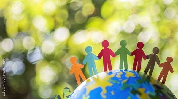 Obraz Colorful paper people holding hands on top of the globe, symbolizing global unity and diversity for World Human Rights Day. Emphasizing human peace across borders with a blurred greenery background.