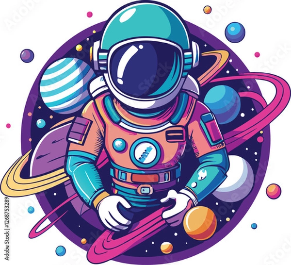 Fototapeta Futuristic T-shirt Design with Detailed Astronaut Floating in Space, Neon Planets, and Galaxies in Retro-Wave Color Scheme, Retro-Futuristic Space Tee, Neon Astronaut Galaxy Shirt, Detailed Space  