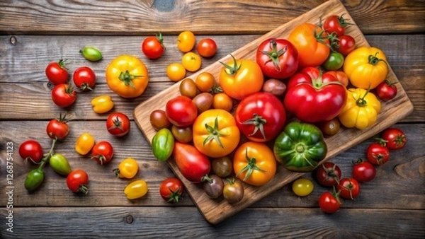 Fototapeta Fresh Vibrant Assortment of Heirloom Tomatoes on Wooden Table