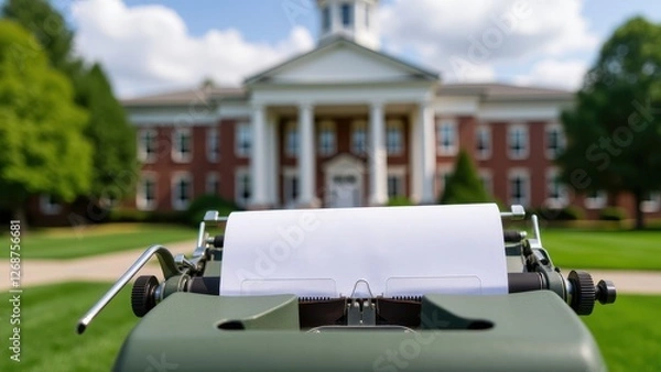 Fototapeta College Admissions, Typewriter with acceptance letter in front of a modern campus building.