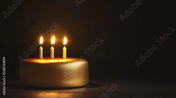 Fototapeta A magnificent gold birthday cake featuring three sleek candles, centered on a solid background with ample space for text.