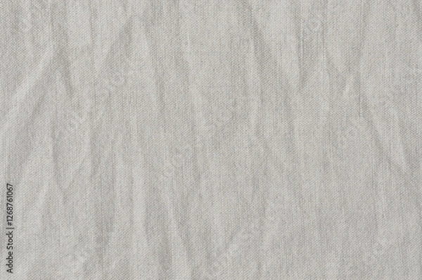 Obraz Natural bright linen cotton blend chinos trousers background, large detailed horizontal flax fibers macro closeup, rustic crumpled vintage textured burlap grey white khaki canvas fabric swatch pattern
