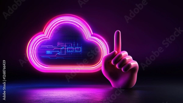 Obraz Neon cloud with digital elements and pointing hand in dark setting