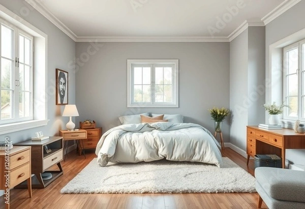 Fototapeta Cosy bedroom interior with modern and vintage furniture