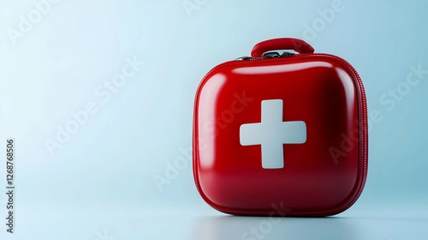 Obraz A bright red first-aid kit with a white cross symbol against a light background.
