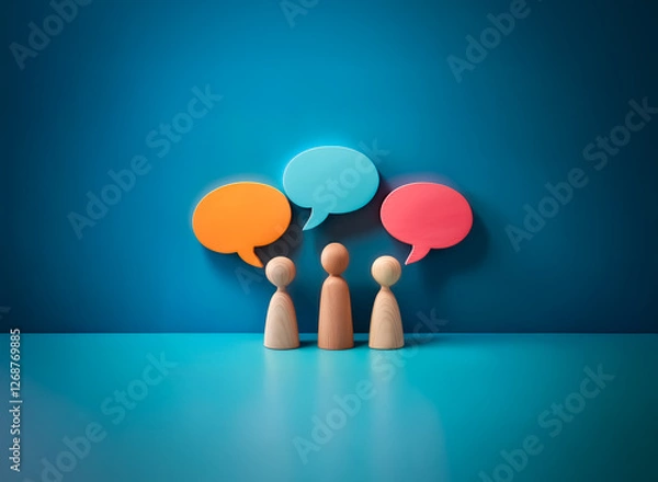 Fototapeta Three wooden figures stand beneath vibrant speech bubbles against a blue backdrop, symbolizing communication, ideas, and collaborative discussions.