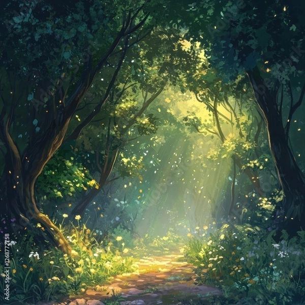 Fototapeta Sunlight filters through trees onto forest path with flowers